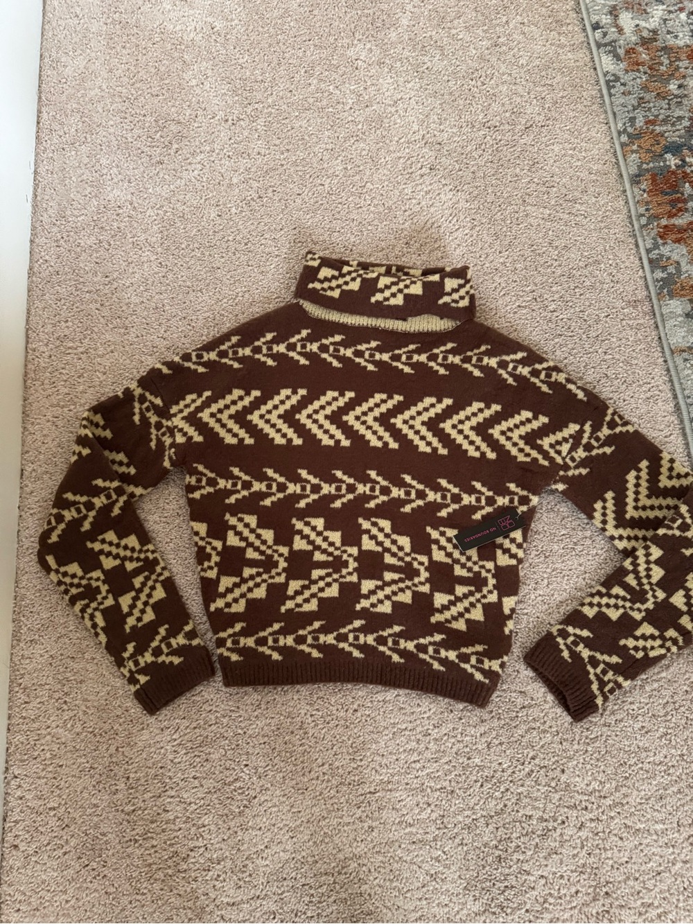 No Boundaries Brown and Cream Patterned Turtleneck Sweater